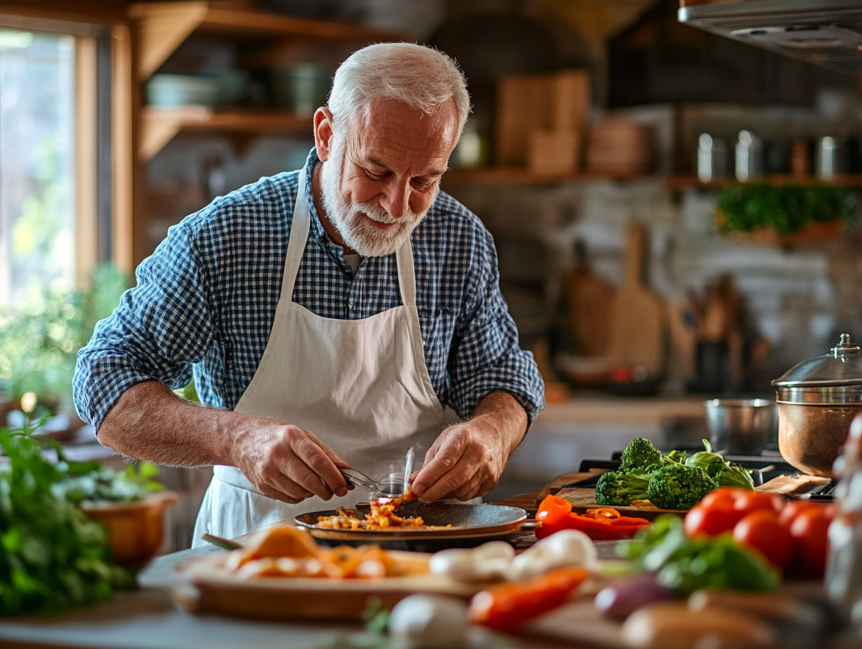 Щаслива пара старшого віку готує здорову їжу разом на кухні